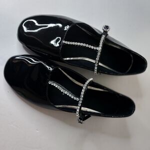 Zara Black Patent Mary Jane Flats with Rhinestone Straps